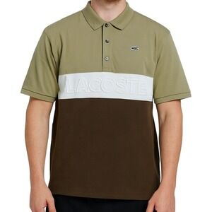 VTG Lacoste France‎ Polo XXL Olive Brown Colorblock Embossed Spell Out Rare 90s
